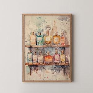 Charming Perfume Shelf with Bottles - Vintage Rustic Watercolor Print, Farmhouse Kitchen Decor, Moody Cottagecore Wall Art 143