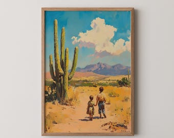 Saguaro Cactus Oil Painting Art Print: Vintage Desert Landscape (Digital Download)