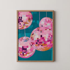 Vibrant Pink and Teal Disco Balls Playful Retro Art Print Fun Pastel Room Deco Bright Pop Art Wall Art Digital Download 345