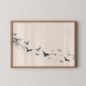 Arte stampabile minimalista di stormo di uccelli - Elegante dipinto di volo in bianco e nero, decorazione da parete con natura tranquilla, download digitale Zen 45