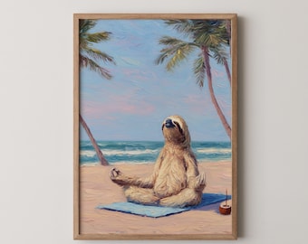 Yoga Faultier Strand Druck: Wunderliches Tierbild (Digitaler Download