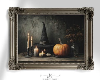 Intérieur de cottage confortable avec citrouilles, décoration d'intérieur automne, imprimable cottagecore de mauvaise humeur, peinture rustique d'halloween, art mural en téléchargement numérique, 759