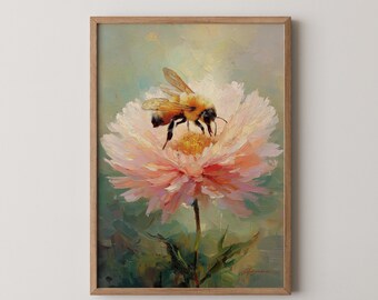 Biene auf Blüte Ölgemälde: Botanische Cottagecore Kunst (Digitaler Download)