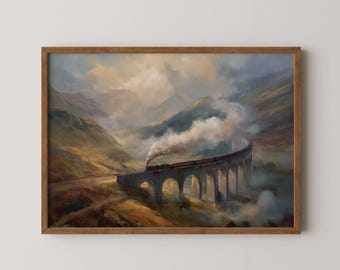 Glenfinnan Viaduct Print: Scottish Highlands Steam Train, Moody Travel Poster (Digital Download