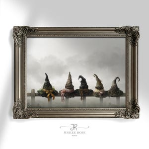 Witches Hats in Line on Foggy Hill Halloween Printable Wall Art Rustic Autumn Decor Moody Cottagecore Witch Painting Digital Download 774