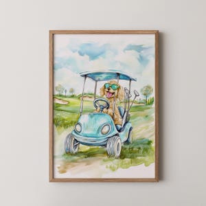 Goldendoodle in Golf Cart Watercolor Illustration - Hand-Painted Style Golf Print, Whimsical Golf Course Wall Art, Fun Summer , Digital 428