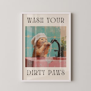 Letrero &quot;Lávate las Patas&quot; de Gato Pelirrojo - Arte divertido para baño de estilo rústico, impresión rústica para amantes de las mascotas, decoración de pared vintage para perros, descarga digital 283