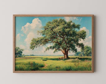 Vintage Oak Tree Oil Painting: Rustic Cottagecore Landscape (Digital Printable)