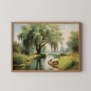 Willow Tree by a Gentle River - Peaceful Oil Painting, Tranquil Nature Wall Art, Romantic Cottagecore Landscape Decor, Digital 418