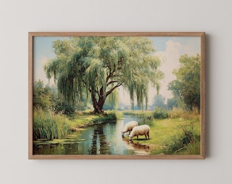 Willow Tree River Landscape Oil Painting: Cottagecore Wall Art (Digital Download)