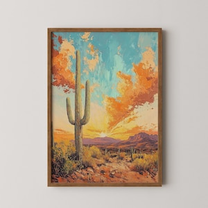 Golden Hour Arizona Cactus Printable Art - Bold Saguaro Oil Painting, Rustic Desert Landscape, Warm Nature Wall Decor, Digital Download 268