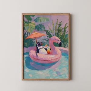 Pinguin Faulenzen auf Aufblasbarem Druck Sommer Tier druckbare tropische Strand Kunst wunderliche Badezimmer Druck Kinderzimmer Dekor Digitaldrucke 577