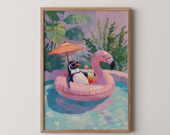 Penguin Poolside Print: Whimsical Tropical Animal Art (Digital Download