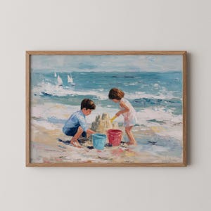 Escena de playa imprimible con niños: arte costero de verano, pintura de niños jugando en la playa, decoración costera estilo cottagecore, impresión de castillos de arena 507