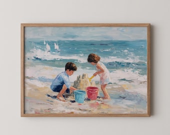 Impresión artística de escena de playa: Niños jugando, pintura de castillos de arena (descarga digital)