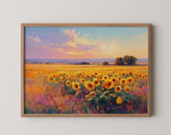 Sunflower Field Painting: Rustic Farmhouse Wall Art (Digital Download)