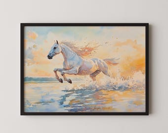 White Horse Watercolor Painting: Coastal Farmhouse Wall Art (Digital Download)
