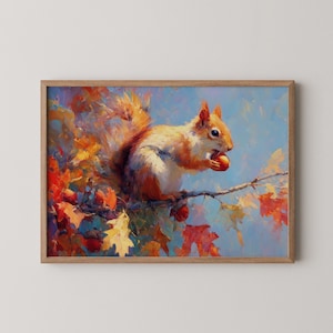 Printable Squirrel Holding Acorn Painting - Rustic Wildlife Art, Fall Nature Decor, Cute Woodland Creature Print, Digital Wall Art 492