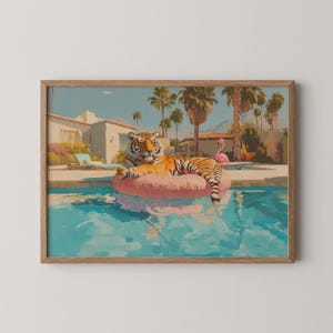 May include: A tiger wearing a pink inflatable flamingo ring floats in a blue swimming pool. Palm trees and a house are in the background.