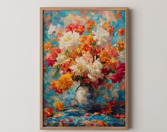 花の絵画 • オレンジとピンクの植物画（デジタルアートダウンロード