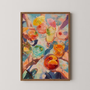 Proost met cocktails - Levendig olieverfschilderij in vogelvlucht, moderne keukenkunst aan de muur, kleurrijk fruitdecor, digitale print 433