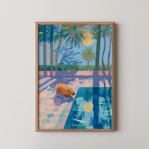 Capybara by the Poolside Painting - Funny Summer Animal Wall Art, Pool Float Printable, Whimsical Bathroom or Kids Room Decor 572
