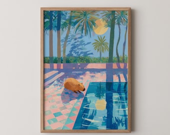 Capybara Poolside Print: Retro Tropical Animal Art (Digital Download