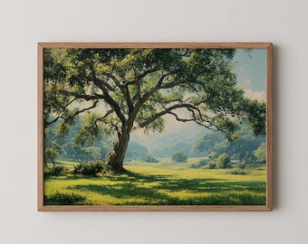 Vintage Oak Tree Oil Painting: Sunlit Landscape Art (Digital Download)