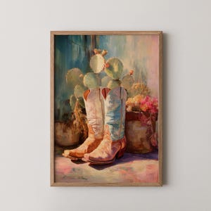 Desert Boots & Blooms – Oil Painting Close-Up of Cowboy’s Boots with Wildflowers, Western Farmhouse Decor, Vintage Wall Art 516
