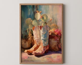 Cowboy Boots & Wildflowers Oil Painting: Western Farmhouse Art (Digital Download)