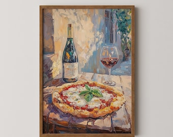 Rustic Pizza & Wine Oil Painting: Vintage Kitchen Art (Digital Download)