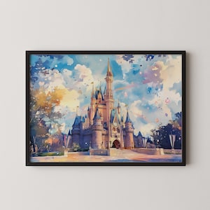 Magic Castle in Golden Light - Fantasy Watercolor Art, Dreamy Kingdom Landscape, Romantic fairytale Print, Digital Download 120