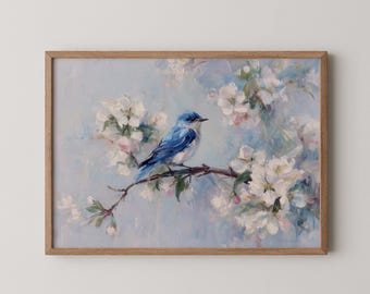 May include: A bluebird perched on a branch of a flowering tree with white blossoms. The background is a soft blue and the painting has a painterly style.
