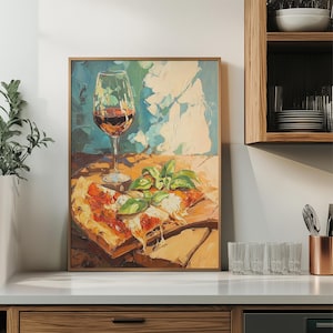 Rustic Italian Pizza and Wine Printable Art - Warm food Oil Painting, Vintage Food Art, Wine and Bread Table Decor, Digital Download 269
