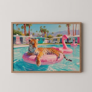 Leopardo en un flamenco flotando: pintura al óleo de animales divertida y atrevida, decoración de selva tropical, arte mural caprichoso, impresión digital 379