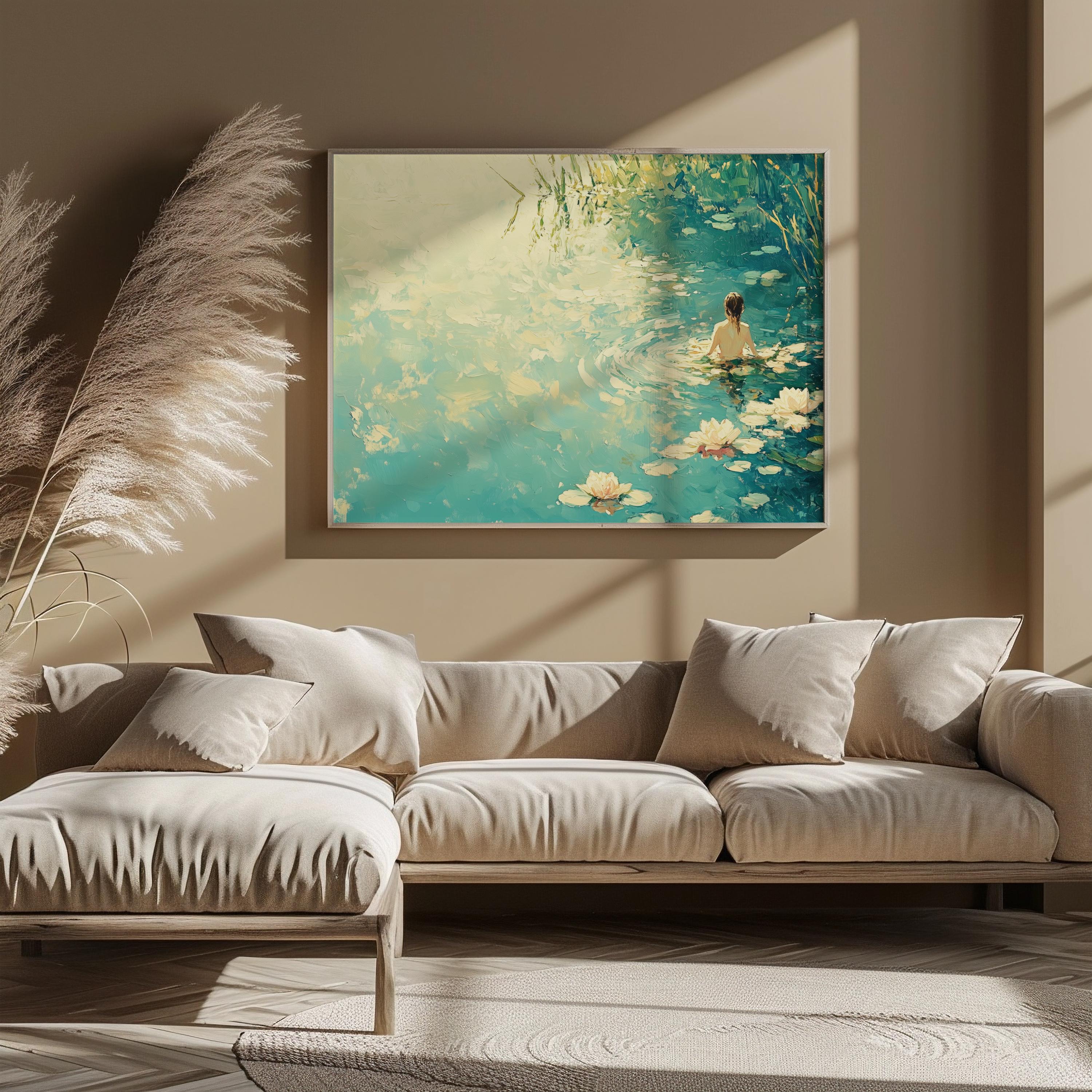Idyllic Swimmer Pond Landscape Printable Art - Vintage Nature Scene