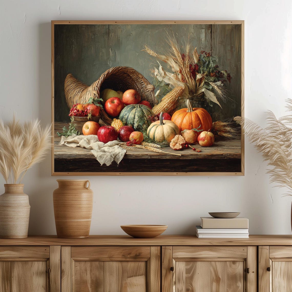 Cornucopia Harvest Art Print: Rustic Thanksgiving Farmhouse Decor ...