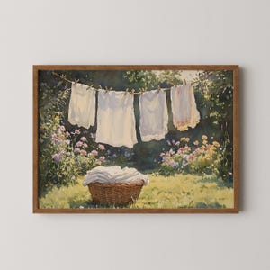 Cottagecore Clothesline Watercolor Printable Art - Vintage Outdoor Scene, Pastoral Country Decor, Rustic Home Print, Digital Download 226