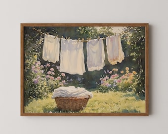 Cottagecore Clothesline Art Print: Vintage Outdoor Scene (Digital Download)
