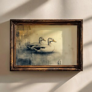 Vintage Enten auf einem nebligen See - Minimalistische Bleistiftzeichnung, Cottagecore Natur Kunst, rustikale Bauernhaus-Wanddekoration, Printable 78