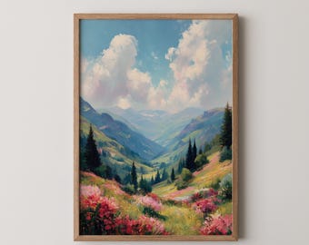 Mountain Valley Oil Painting: Monet-Inspired Landscape Art (Digital Download)