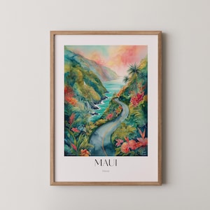 Maui Hawaii Tropischer Druck - Aquarell Reiseplakat, lebhafte Inselwandkunst, Küstensommerdekor, digitaler Download 424