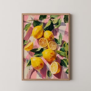 Zitronen auf rosa gestreifter Tischdecke - Ölgemälde, Sommer Zitrus Küchen Dekoration, Bauernhaus Obst Wandkunst, Digitaldruck 431
