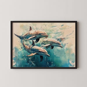 Delfinschote im funkelnden Meer - Ätherische Meereswelt, Küsten Aquarell Druck, Strand Dekor, Strand Dekor 127