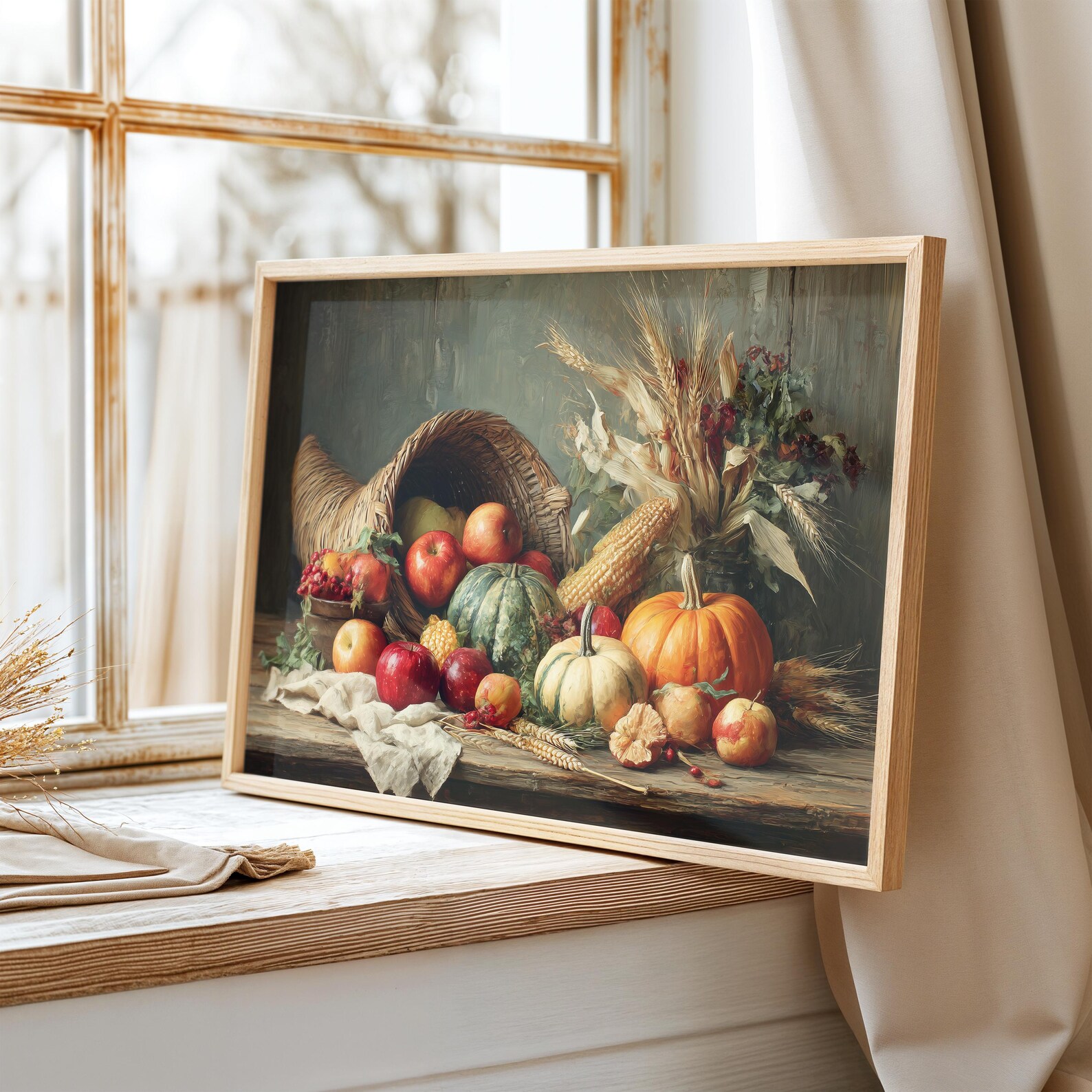 Cornucopia Harvest Art Print: Rustic Thanksgiving Farmhouse Decor ...