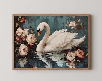 Swan Floral Painting: Vintage Cottagecore Wall Decor (Digital Download)