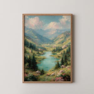Paesaggio sereno con fiume e montagna - Natura morta, dipinto a olio, arte murale con natura tranquilla, stampa di paesaggio cottagecore, digitale 404