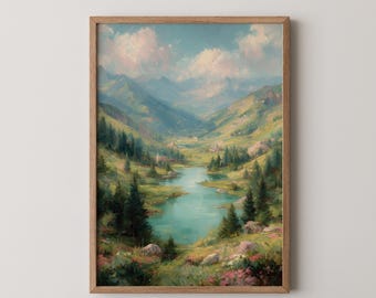 River Mountain Landscape Oil Painting: Cottagecore Nature Print (Digital Download)