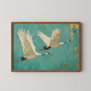 Arte imprimible de una grulla japonesa en vuelo sereno: pintura minimalista de aves, elegante escena natural, decoración de pared zen y apacible, descarga digital 238