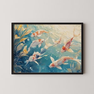 Vibrant Koi Fish in a Crystal-Clear Pond - Tranquil Watercolor Painting, Earthy Botanical Print, Japanese Zen Wall Decor, Digital 133